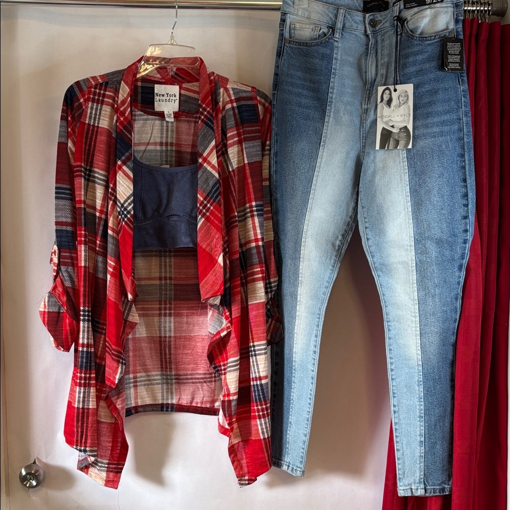 New York Laundry Red and Blue Plaid Top, sports bra, new bluejeansby Kendall/Kyl